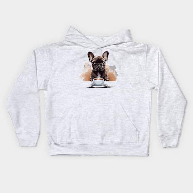 French Bulldog Drinking Coffee Kids Hoodie by Graceful Designs